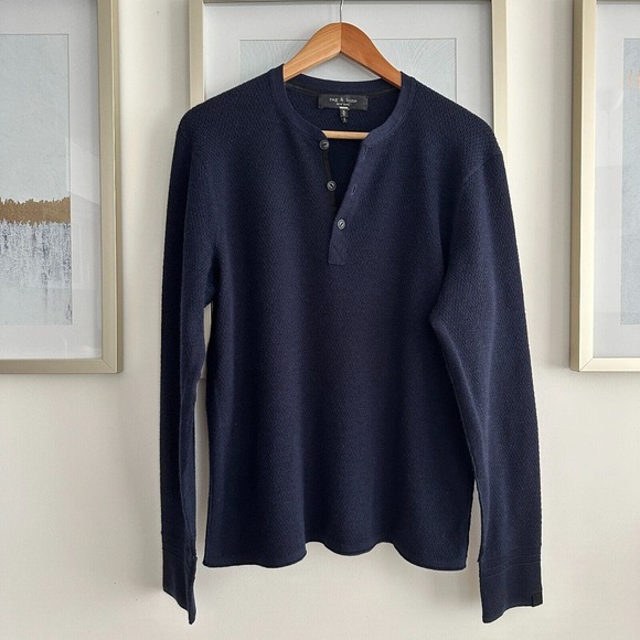 Rag & Bone Henley Shirt Mens Medium Merino Wool Knit Long Sleeve Navy Blue - Picture 4 of 12
